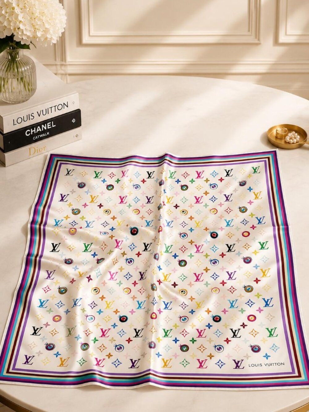 Louis Vuitton Multicolore Monogram Silk Scarf White Rainbow LV Luxury Designer A